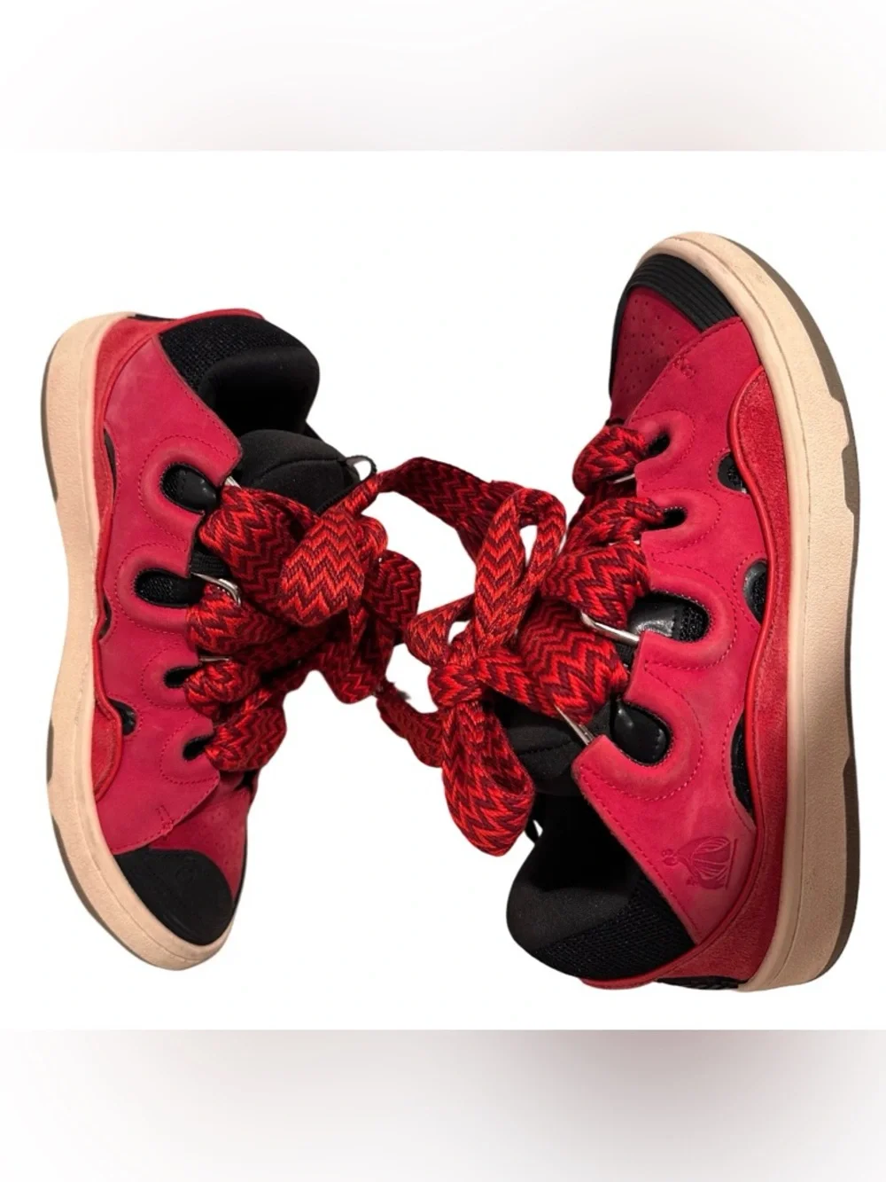 Lanvin Curb Men’s Sneakers Poppy Red Black Suede Oversized Laces LowTop Skate 12